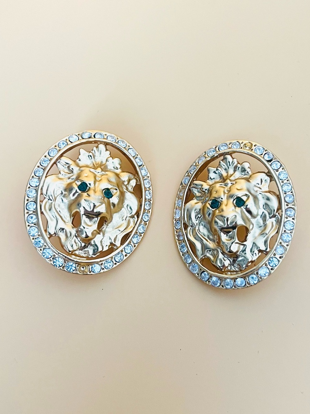 Large oval lion clip on earrings gold plated
